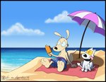 anthro beach blue_sky canid canine canis cloud collar domestic_dog duo food ice_cream_bar macropod male mammal marsupial nickelodeon rocko's_modern_life rocko_rama seaside shadow sky spunky summer text tongue tongue_out umbrella url vanilla_(disambiguation) vir-no-vigoratus wallaby water yellow_sclera