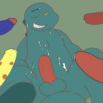 anthro balls bodily_fluids bukkake cum fangs genital_fluids genitals green_background grin group humanoid_genitalia humanoid_penis looking_at_genitalia looking_at_penis male penis red_penis simple_background smile solo_focus teal_body teeth blumb you_are_umasou hearto dinosaur prehistoric_species reptile scalie theropod tyrannosaurid tyrannosauroid tyrannosaurus tyrannosaurus_rex 1:1 absurd_res hi_res