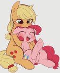 blush duo eyes_closed featureless_crotch female female/female green_eyes happy hug hugging_another hugging_from_behind open_mouth simple_background smile upper_teeth manachaaaaaaaa friendship_is_magic hasbro my_little_pony applejack_(mlp) pinkie_pie_(mlp) equid equine horse mammal pony