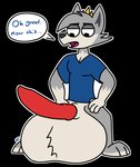 animal_genitalia animal_penis anthro arms_bent balls barefoot big_balls big_penis biped black_background blue_clothing blue_shirt blue_topwear bottomless canid canine canine_genitalia canine_penis canis cartoon_network cheek_tuft clothed clothing coloncapitalt crouching crown dialogue digital_media_(artwork) english_text erection facial_tuft feet full-length_portrait fur genitals grey_body grey_fur hair half-closed_eyes hands_on_hips hands_on_own_hips headgear hi_res holding_hips huge_balls huge_penis hyper hyper_balls hyper_genitalia knot looking_down male mammal narrowed_eyes open_mouth penis portrait red_penis shirt simple_background solo speech_bubble standing teeth text the_prince_(trick_moon) tongue topwear trick_moon tuft wide_stance wolf