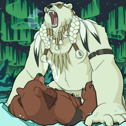 anthro aurora_(phenomenon) beard bodily_fluids braided_beard braided_hair breath brown_beard brown_body brown_facial_hair brown_fur claws cowgirl_position cum cum_in_vagina cum_inside detailed_background duo facial_hair female finger_claws from_front_position fur genital_fluids hair low-angle_view male male/female night on_bottom on_top penetration roaring sex size_difference snow star vaginal vaginal_penetration white_beard white_body white_facial_hair white_fur quasarbearcat dungeons_and_dragons hasbro wizards_of_the_coast bear brown_bear dwarf goliath_(dnd) mammal polar_bear ursine werecreature wereursid 1:1 absurd_res hi_res