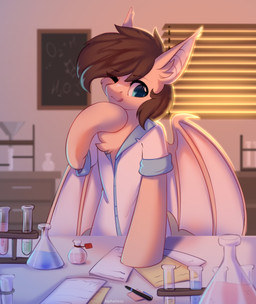 ambiguous_gender bat_wings blue_eyes brown_hair chemistry clothing coat feral fur hair inner_ear_fluff lab_coat membrane_(anatomy) membranous_wings paper pen potion science solo tan_body tan_fur tongue tongue_out topwear tuft window wings writing_utensil alphadesu hasbro my_little_pony bat_pony equid mammal hi_res