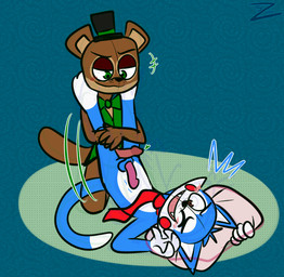 anthro chuckling clothed clothing duo erection fully_clothed genitals laugh leg_pull lying male male/male on_back penis penis_between_thighs playful zurzure fazbear_fanverse five_nights_at_candy's popgoes candy_(fnac) candy_the_cat popgoes_the_weasel domestic_cat felid feline felis mammal mustelid musteline true_musteline weasel