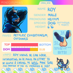 anthro balls erection flaccid foreskin genitals information looking_at_viewer male one_ear_up penis solo text monochromanis roy_the_dog canid canine canis domestic_dog husky mammal mastiff molosser nordic_sled_dog rottweiler spitz english_text handwritten_text hi_res model_sheet