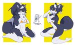 anthro breasts clothing female female_anthro fur hair kemono kneeling long_hair looking_at_viewer multicolored_body multicolored_fur multicolored_hair orange_eyes short_hair simple_background smile solo two_tone_body two_tone_fur two_tone_hair underwear nrj_275 canid canine canis domestic_dog husky mammal nordic_sled_dog spitz hi_res