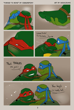 2_toes 3_fingers anthro blush bodily_fluids bound bound_together dialogue duo eyes_closed feet fingers kissing laugh male male/male mask plantigrade romantic romantic_ambiance rope shell simple_background smile soles sweat sweatdrop teeth text tickling tickling_feet toes mishajeans teenage_mutant_ninja_turtles leonardo_(tmnt) raphael_(tmnt) reptile scalie turtle absurd_res comic digital_media_(artwork) english_text hi_res brother_(lore) brothers_(lore) incest_(lore) sibling_(lore)