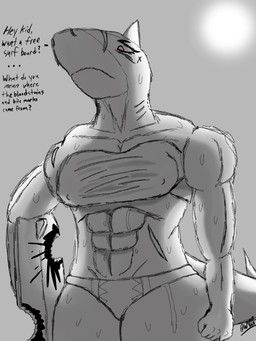 = abs anthro bite_mark bite_taken blood blood_splatter bodily_fluids clothing female gills grey_background intimidation muscular muscular_anthro muscular_female scar selling simple_background surfboard swimwear text wet drow462 brucie_(word360) aquatic fish great_white_shark mackerel_shark shark white_shark 3:4 english_text hi_res