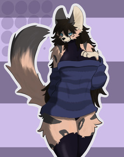 anthro blue_eyes breasts cleavage clothed clothing fangs female inner_ear_fluff legwear solo stockings sweater tail teeth topwear tuft cl4ncy felid feline mammal serval hi_res