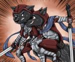 armor black_body black_fur blade double duo fantasy fight fur hunter melee_weapon purple_eyes red_eyes scar sword weapon ziegelzeig bad_guy_cafe halloweek luckyz_(moonmoon) canid canine canis demon mammal wolf