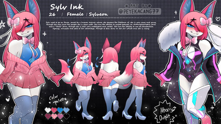 alternate_costume antennae_(anatomy) anthro barefoot blue_clothing blue_eyes blue_footwear blue_high_heels blue_legwear blue_panties blue_shirt blue_thigh_highs blue_topwear blue_underwear checkered checkered_background clothing color_swatch dipstick_tail ear_tuft feet female footwear fox_ears fox_tail fur hair high_heels jacket legwear logo markings multicolored_body multicolored_clothing multicolored_jacket multicolored_topwear panties pattern_background pink_body pink_clothing pink_ears pink_fur pink_hair pink_jacket pink_tail_tip pink_topwear shirt shoes simple_background solo tail tail_markings text thigh_highs topwear tuft underwear white_body white_fur peyekacang77 nintendo pokemon sylv_(sylv_ink) eeveelution generation_6_pokemon pokemon_(species) sylveon absurd_res artist_logo english_text hi_res model_sheet