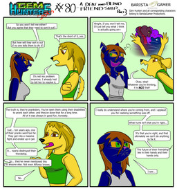 anthro bodily_fluids crossed_arms dialogue female floppy_ears folded_ears heart_symbol saliva saliva_string simple_background speech_bubble text thought_bubble baristagamerproductions mel_(gem_hunters) phoebe_(gem_hunters) canid canine felid feline mammal absurd_res comic english_text hi_res