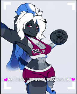 anthro athletic_wear black_body black_border black_fur border bottomwear bra breasts camera clothing curvy_figure dumbbell female floppy_ears fur gym_bottomwear gym_shorts hair holding_camera holding_object hourglass_figure looking_at_viewer red_eyes shorts solo sports_bra taking_picture text texting underwear weights white_hair wide_hips sid_rags ashley_(huf13) lagomorph leporid mammal rabbit