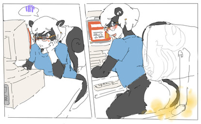 2_panel_comic anthro black_body black_fur blue_clothing blue_shirt blue_t-shirt blue_topwear bottomless breasts butt chair clothed clothing computer computer_monitor countershade_butt countershade_fur countershading desk electronics emanata embarrassed eyewear fart fart_cloud fart_fetish female fur furniture glasses gloves_(marking) grey_eyes hair head_on_hand keyboard looking_at_computer looking_at_object looking_back markings office_chair on_chair open_mouth rear_view round_glasses shirt short_hair simple_background sitting sitting_on_chair solo speech_bubble t-shirt table tail topwear translucent translucent_chair wearing_glasses white_background white_body white_fur white_hair lazei sabrina_online sabrina_(sabrina_online) mammal mephitid skunk 2015 digital_drawing_(artwork) digital_media_(artwork) hi_res