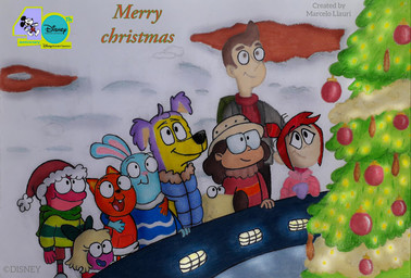 anthro backpack big_nose biped black_bow black_nose blonde_hair blue_body blue_clothing blue_fur blue_jacket blue_topwear bottomwear brown_bottomwear brown_clothing brown_eyes brown_hair brown_nose brown_shorts christmas_clothing christmas_decorations christmas_headwear christmas_lights christmas_tree clothing curly_hair eyewear female fur glasses green_backpack green_clothing green_sweater green_topwear grey_clothing grey_sweater grey_topwear group hair hat headgear headwear holidays jacket light_body light_skin male multicolored_body multicolored_fur orange_body orange_fur pink_body pink_clothing pink_jacket pink_nose pink_skin pink_topwear plant ponytail purple_body purple_fur red_clothing red_sweater red_topwear santa_hat shorts snow sweater tan_body tan_fur tan_hat tan_headwear tan_skin text topwear tree trio two_tone_body two_tone_fur yellow_body yellow_fur marcelo_llauri amphibia_(series) christmas disney hasbro kiff_(series) milo_murphy's_law pound_puppies pound_puppies_(2010) stugo the_ghost_and_molly_mcgee barry_buns diogee_murphy kiff_chatterley lucky_(pound_puppies) milo_murphy molly_mcgee pliny polly_plantar sprig_plantar amphibian canid canine canis domestic_dog eastern_grey_squirrel frog grey_squirrel human lagomorph leporid mammal rabbit rodent sciurid tadpole tree_squirrel 2024 absurd_res crossover english_text hi_res