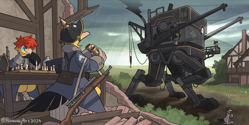 ambiguous_gender anthro armor binoculars chess clothing gun headgear helmet outside pickelhaube raining ranged_weapon rifle ruined_building sitting timber_framed_architecture uniform weapon roawayart eurus_(roawayart) avian 2024 hi_res