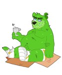 anthro belly black_nose candy clothing dessert food green_body gummy_(food) gummy_bear_(food) male moobs navel overweight overweight_male simple_background sitting solo underwear lewdookami gummybear_and_friends gummibar bear food_creature mammal 2020