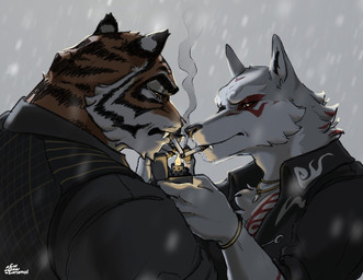 anthro black_nose cigarette clothed clothed_anthro clothed_male clothing duo fur indirect_kiss male smoking smoking_cigarette striped_body striped_fur stripes catclawcaramel epic_games fortnite fletcher_kane oscar_(fortnite) canid canine canis felid mammal pantherine tiger wolf 2026 colored hi_res signature