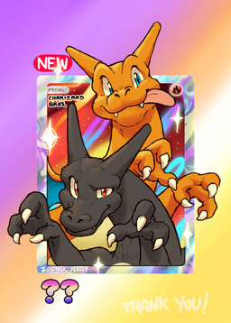 ambiguous_gender black_arms black_fingers black_hands blue_eyes duo feral looking_at_viewer orange_arms orange_fingers orange_hands orange_wings pink_tongue tongue tongue_out wings dahecksajerry nintendo pokemon pokemon_tcg_pocket charizard generation_1_pokemon pokemon_(species) scalie shiny_pokemon hi_res