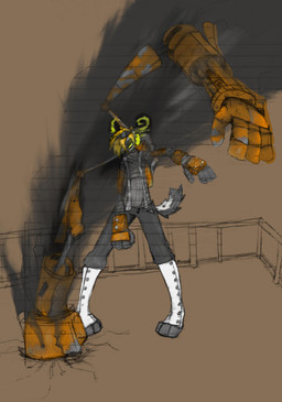alternative_fashion anthro backpack clothed clothing fully_clothed fur goth hair legwear male robot_arm steampunk jason_blah dgchannel digit_ginma hyena mammal spotted_hyena absurd_res hi_res
