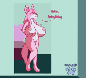 anthro areola big_breasts big_butt breast_expansion breasts butt expansion female genitals hair huge_breasts long_hair nipples nude simple_background solo text thick_thighs vulva nokamiwd brand_new_animal studio_trigger nazuna_hiwatashi canid canine fox mammal digital_media_(artwork) hi_res