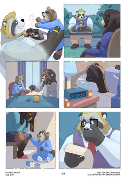 anthro baby_food beard bed blonde_beard blonde_facial_hair blonde_hair brown_body brown_fur brown_hair depression digit_ring drug_abuse drug_usage eyewear facial_hair female fur furniture glasses grey_body grey_fur group hair husband_and_wife jewelry male married_couple neonate overdose pill_bottle ring suicide tail text trio wearing_glasses wedding_ring white_body white_fur young senor_nutria sweet_leaves colson_grainger hanna_grainger toby_grainger canid canine mammal mustelid otter raccoon_dog tanuki 2020 comic english_text hi_res father_(lore) father_and_child_(lore) father_and_son_(lore) mother_(lore) mother_and_child_(lore) mother_and_son_(lore) parent_(lore) parent_and_child_(lore) parent_and_son_(lore) son_(lore)
