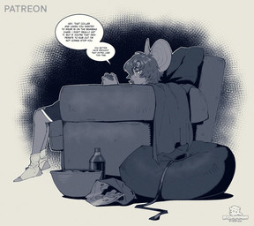 ambiguous_gender anthro bean_bag beverage beverage_bottle biped bottle bottomwear chips_(food) clothing collar container controller eyewear food footwear furniture game_controller glasses hair leash logo on_sofa round_glasses short_hair shorts socks soda soda_bottle sofa solo speech_bubble text boosterpang bennett_(boosterpang) mammal mouse murid murine rodent 2024 artist_logo black_and_white english_text japanese_text monochrome