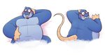 anthro belly blue_body blue_fur blush eyes_closed fur lying male nipples overweight overweight_anthro overweight_male simple_background solo leothelionel the_human_heart_(game) dylan_ramos eulipotyphlan mammal mole_(animal) 2020