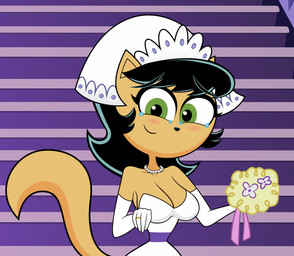 anthro armwear big_breasts black_hair blush bodily_fluids bouquet breasts cleavage clothed clothing crying curvy_figure elbow_gloves female gem gloves green_eyes hair handwear headscarf hourglass_figure jewelry looking_at_viewer necklace pearl_(gem) pearl_necklace small_waist solo stairs tail tan_body tears tears_of_joy wife kitty20spykat nickelodeon t.u.f.f._puppy kitty_katswell domestic_cat felid feline felis mammal half-length_portrait hi_res portrait