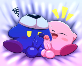 balls balls_touching bed big_balls blob_feet comparing comparing_penis cuddling cuddly duo feet_up frottage furniture genitals grumpy happy looking_at_viewer male male/male mask mask_on_head mask_only nude on_bed penile penis penises_touching sex tips_touching vein veiny_penis tepigfan101 kirby_(series) nintendo kirby meta_knight alien waddling_head absurd_res hi_res