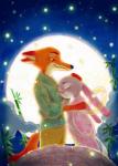 anthro asian_clothing bamboo bamboo_tree clothing duo east_asian_clothing eyes_closed female fur green_eyes hand_behind_back hand_on_head hug japanese_clothing male moon outside plant ribbons romantic romantic_ambiance romantic_couple smile tree weketa disney zootopia judy_hopps nick_wilde canid canine fox lagomorph leporid mammal rabbit red_fox true_fox 2016 absurd_res hi_res