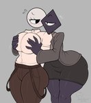 1_eye 5_fingers bedroom_eyes big_breasts black_body black_bottomwear black_clothing black_eyes black_skin black_skirt blush bottomwear breast_grab breast_size_difference breasts brown_bottomwear brown_clothing brown_pants butt butt_size_difference clothed clothed_female clothed_humanoid clothing duo eye_contact eyelashes female female/female female_humanoid fingers floating_head for_a_head glistening_eyelids glistening_thighs grey_background grey_blush grey_body grey_clothing grey_skin hand_on_another's_breast hand_on_breast holding_breast leaning leaning_forward looking_at_another mouthless narrowed_eyes not_furry pants pink_blush seductive simple_background skirt standing tan_clothing thick_thighs wide_hipped_female wide_hipped_humanoid wide_hips mehdrawings prisma_(fr0gv0re) humanoid object_head shape_head 2025 absurd_res digital_drawing_(artwork) digital_media_(artwork) hi_res