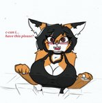 against_surface anthro big_breasts black_hair blush breasts choker cleavage clothed clothing female hair jewelry necklace on_glass solo text tomboy pace-maker fan_character maxine_boulevard canid canine fox mammal english_text