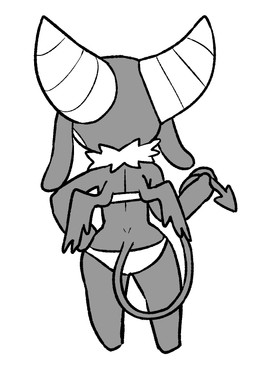 2_horns anthro black_body black_ears black_fur black_tail black_wings bra cheek_markings circle_(marking) clothing facial_markings featureless_feet feet female female_anthro floppy_ears fur hand_on_hip hand_on_own_hip head_markings holding_own_tail holding_tail horn long_ears lop_ears markings membrane_(anatomy) membranous_wings panties rear_view simple_background small_wings solo spade_tail standing tail underwear white_background white_bra white_cheeks white_clothing white_horn white_markings white_panties white_underwear wings o-den bibi_(o-den) demon succubus 2026 digital_media_(artwork) monochrome