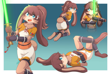 accessory anthro barefoot blue_eyes bottomwear breasts brown_body brown_fur brown_hair butt cheek_tuft clothed clothing countershade_feet countershading eyebrow_through_hair eyebrows facial_tuft feet female floppy_ears fluffy fur gloves green_lightsaber hair hair_accessory handwear holding_lightsaber kemono kneeling leg_warmers legwear lightsaber long_ears looking_at_viewer lying melee_weapon multicolored_body multicolored_fur multicolored_hair neck_tuft on_back pink_nose ponytail shorts smile solo tan_body tan_fur toes translucent translucent_hair tuft weapon willfurr disney star_wars star_wars_visions lop_(star_wars_visions) domestic_rabbit lagomorph lepi leporid mammal oryctolagus rabbit absurd_res hi_res