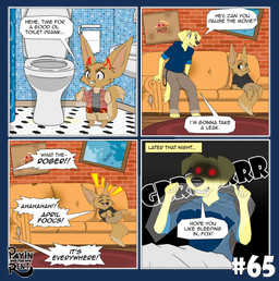 anthro bathroom bedroom furniture holidays humor living_room male prank sofa text toilet ariesartist april_fools'_day ben_(ariesartist) roger_(ariesartist) bird_dog canid canine canis domestic_dog fennec_fox fox hunting_dog labrador mammal retriever true_fox absurd_res alpha_channel comic english_text hi_res