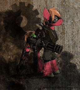 alternative_fashion amputee bullet clothing disability eyewear gatling_gun gear goggles gun jacket machine machine_gun male minigun prosthetic ranged_weapon solo steampunk topwear weapon nastylady friendship_is_magic hasbro my_little_pony big_macintosh_(mlp) earth_pony equid equine horse mammal pony