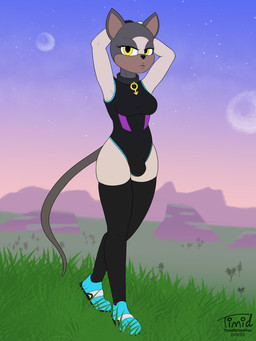 anthro biped breasts bulge clothed clothing detailed_background eyelashes footwear fur grass gynomorph intersex latex latex_clothing latex_skinsuit legwear looking_at_viewer mountain outside planet plant shoes skinsuit solo stockings text tight_clothing year timidwithapen sega sonic_the_hedgehog_(series) fan_character domestic_cat felid feline felis mammal 2020 3:4 absurd_res dated digital_media_(artwork) full-length_portrait hi_res portrait signature