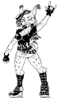 anthro boots bottomwear breasts cleavage clothed clothed_female clothing devil_horns_(gesture) ear_piercing ear_ring ear_tuft female fingerless_gloves footwear fur gesture gloves hair hand_gesture handwear markings piercing ring_piercing scut_tail shoes short_tail skirt solo spots spotted_body spotted_fur tail tongue tongue_out tuft daigaijin felid feline lynx mammal 5:8 black_and_white hi_res monochrome