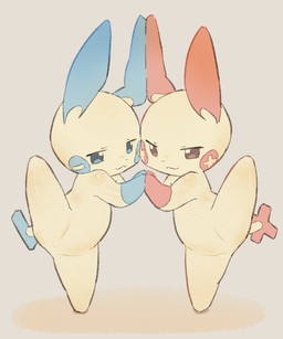 :3 ambiguous_gender anthro big_ears blue_eyes blue_tail brown_eyes duo facial_markings featureless_crotch glistening glistening_body hand_holding hands_together head_markings inviting looking_at_viewer markings one_leg_up raised_leg red_tail simple_background smile smiling_at_viewer smirk standing tail tan_background tan_body rokroc205 nintendo pokemon generation_3_pokemon minun plusle pokemon_(species) full-length_portrait hi_res portrait