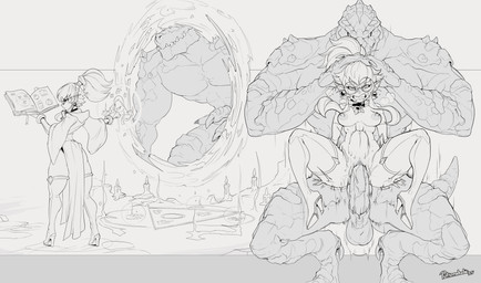 abdominal_bulge anthro bodily_fluids boots breasts clenched_teeth clothing dress drooling duo eyewear female footwear forced genitals glasses hair high_heeled_boots high_heels humanoid_on_anthro humanoid_pointy_ears legwear magic male male/female medium_breasts penis pointy_ears ponytail portal rape round_glasses saliva scales sex shoes teeth thigh_boots thigh_highs vaginal potionaholic mide_(potionaholic) elf humanoid lizardman scalie hi_res monochrome