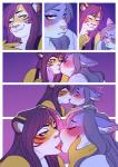 absurd_res anthro blush bodily_fluids clothed clothing comic digital_media_(artwork) duo eyes_closed felid female female/female fur hair hi_res inner_ear_fluff kissing mammal nsfwzhenya pantherine simple_background sweat teeth tiger tongue tongue_out tuft