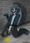 anthro blush bodily_fluids bottomwear bottomwear_down clothed clothing genital_fluids hairy male pants pants_down partially_clothed public public_nudity saliva saliva_on_tongue solo steam tongue tongue_out urine watersports mapuricent mammal mephitid skunk absurd_res hi_res