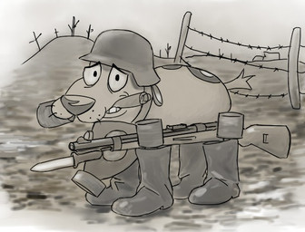 armor barbed_wire boots clothing explosives feral footwear fur german grenade gun headgear helmet knife looking_at_viewer male ranged_weapon rifle shoes solo weapon world_war_1 redout cartoon_network courage_the_cowardly_dog courage_the_cowardly_dog_(character) beagle canid canine canis domestic_dog hunting_dog mammal scent_hound 2015 digital_media_(artwork)