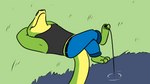 anthro biped bottomwear clothing fishing green_body lying pants shirt solo topwear water sobieniak brok_the_investigator cowcat_games brok_(brok_the_investigator) alligator alligatorid crocodilian reptile scalie 16:9 2021 4k absurd_res hi_res widescreen