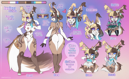 anthro areola biped bottomwear breasts butt claws clothed clothed_anthro clothed_female clothing feet female fingers front_view fully_clothed fully_clothed_anthro fully_clothed_female hair looking_at_viewer navel nipples nude nude_anthro nude_female piercing rear_view simple_background smile solo standing tail teeth text toes tongue topwear sorafoxyteils felid feline lynx mammal 2026 digital_drawing_(artwork) digital_media_(artwork) english_text hi_res model_sheet