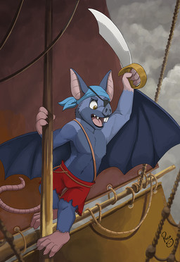 anthro blue_body blue_fur bottomwear brown_eyes clothed clothing detailed_background eye_patch eyewear fur glistening glistening_eyes holding_melee_weapon holding_object holding_sword holding_weapon logo male male_anthro mast melee_weapon membrane_(anatomy) membranous_wings navel open_mouth pink_inner_ear pink_tongue pirate red_bottomwear red_clothing red_shorts sail shorts sky solo sword teeth tongue topless torn_bottomwear torn_clothing torn_shorts weapon whiskers wings pandapaco bat mammal artist_logo hi_res signature