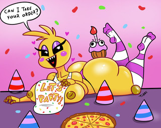 anthro areola asking asking_viewer beakless bib big_breasts big_butt black_sclera blush blush_stickers breasts brown_areola butt clothing cupcake dialogue exclamation_point female food footwear half-closed_eyes hat headgear headwear heart_in_mouth heart_symbol huge_breasts huge_butt inverted_nipples knee_highs knee_socks legwear looking_at_viewer lying machine narrowed_eyes nipples non-mammal_breasts on_front open_mouth party_hat pizza question question_mark socks solo speech_bubble talking_to_viewer text thick_thighs thong underwear white_eyes yellow_body yes-no_question tibbs five_nights_at_freddy's five_nights_at_freddy's_2 scottgames cupcake_(fnaf) toy_chica_(fnaf) animatronic avian bird chicken galliform phasianid robot 2021 5:4 digital_media_(artwork) english_text hi_res