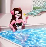 beverage bikini black_nose brown_hair chest_tuft clothing ear_tuft female fur green_eyes grin hair hi_res honesty_(artist) long_hair looking_at_viewer one_eye_closed pink_body pink_fur qurogoat smile solo spandex swimming_pool swimwear teeth thick_thighs tight_clothing tuft wink