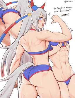 5_fingers abs back_muscles big_butt blue_clothing blue_eyes bodily_fluids breasts butt clothed clothing dialogue eyebrows eyelashes female fingers gesture glistening glistening_abs glistening_breasts glistening_butt grey_hair grey_tail hair hand_gesture looking_at_viewer muscular muscular_female muscular_humanoid navel open_mouth open_smile pointing pointing_at_self pointing_with_thumb side_boob simple_background skimpy smile solo sweat sweaty_abs sweaty_butt sweaty_legs sweaty_thighs tail text thick_thighs white_background wide_hips cheekie cygames uma_musume_pretty_derby tamamo_cross_(pretty_derby) animal_humanoid equid equid_humanoid equine equine_humanoid horse_humanoid humanoid mammal mammal_humanoid 2025 alternate_version_at_paywall artist_name english_text hi_res