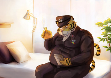 anthro bed bottomwear clothing cute_fangs detailed_background fangs fur furniture hat headgear headwear humanoid_hands male overweight overweight_anthro overweight_male pants pillow pink_nose shirt solo teeth topwear yellow_body yellow_fur luluangel felid mammal pantherine tiger 2015